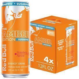 4 Pack of 12 Fl. Oz. Red Bull Amber Edition Sugar Free Energy Drink, Strawberry Apricot