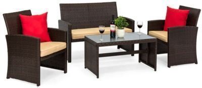 4-Piece Outdoor Wicker Conversation Patio Set w/ 4 Seats