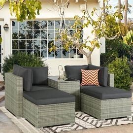 5 Piece Light-Gray Outdoor Patio Wicker Conversation Set w/ Smoke Gray Cushions